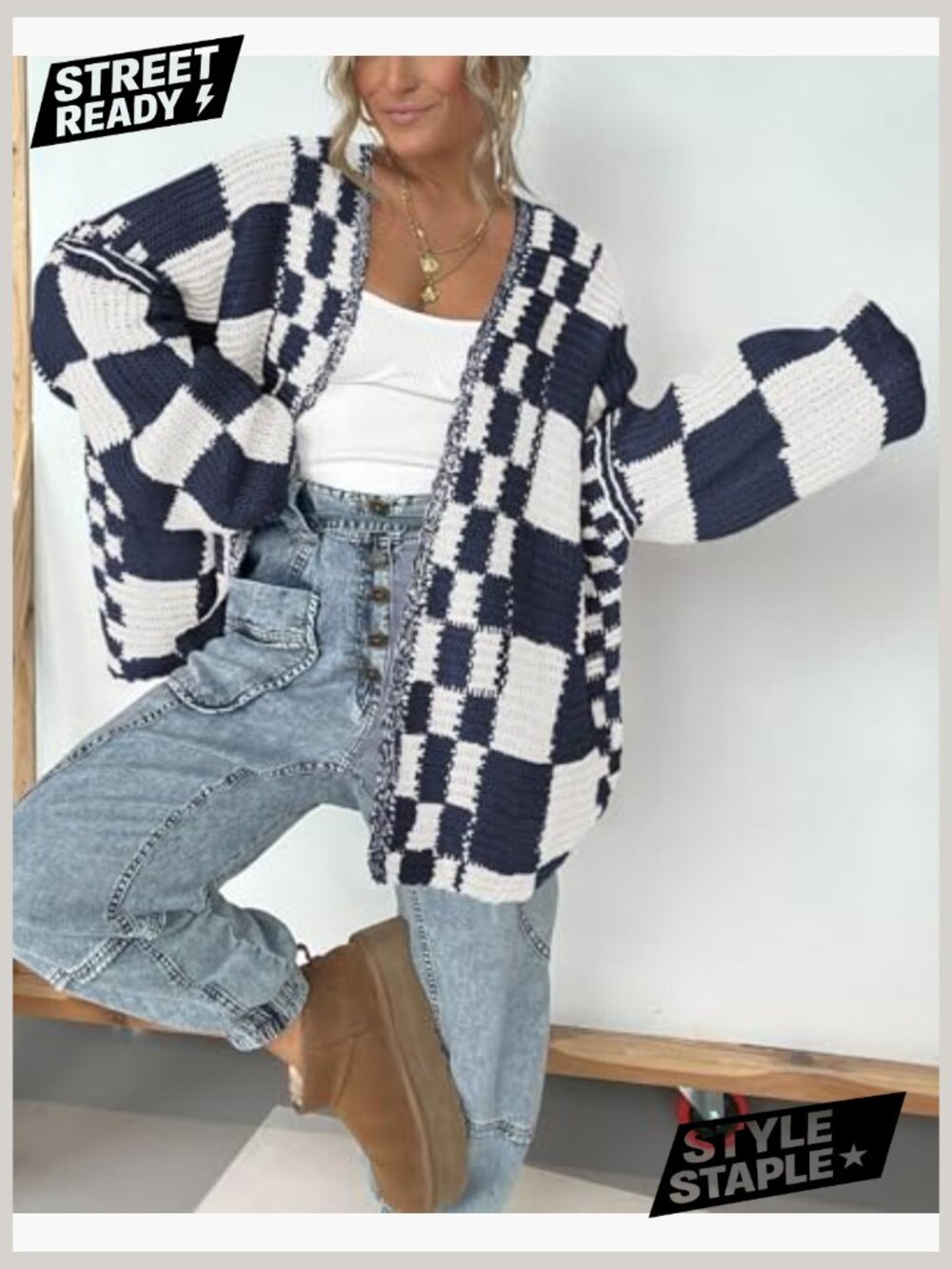 Casual Open Front Chunky Knit Cardigan Sweater Long Sleeve Checkered - Picture 4 of 7